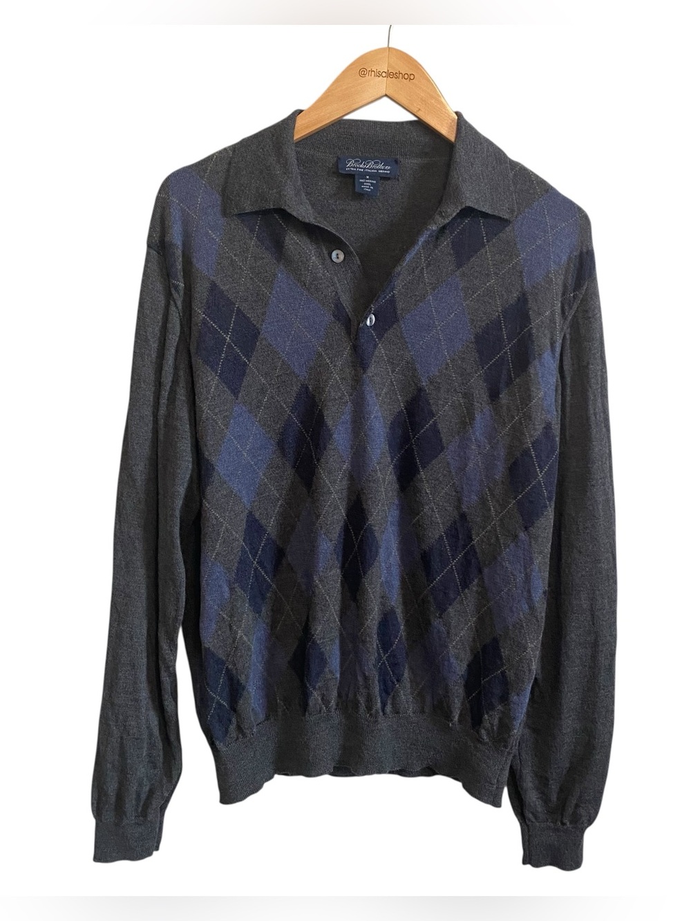 Brooks Brothers Fine Italian Merino Argyle Lightweight Wool Collared Sweater Med